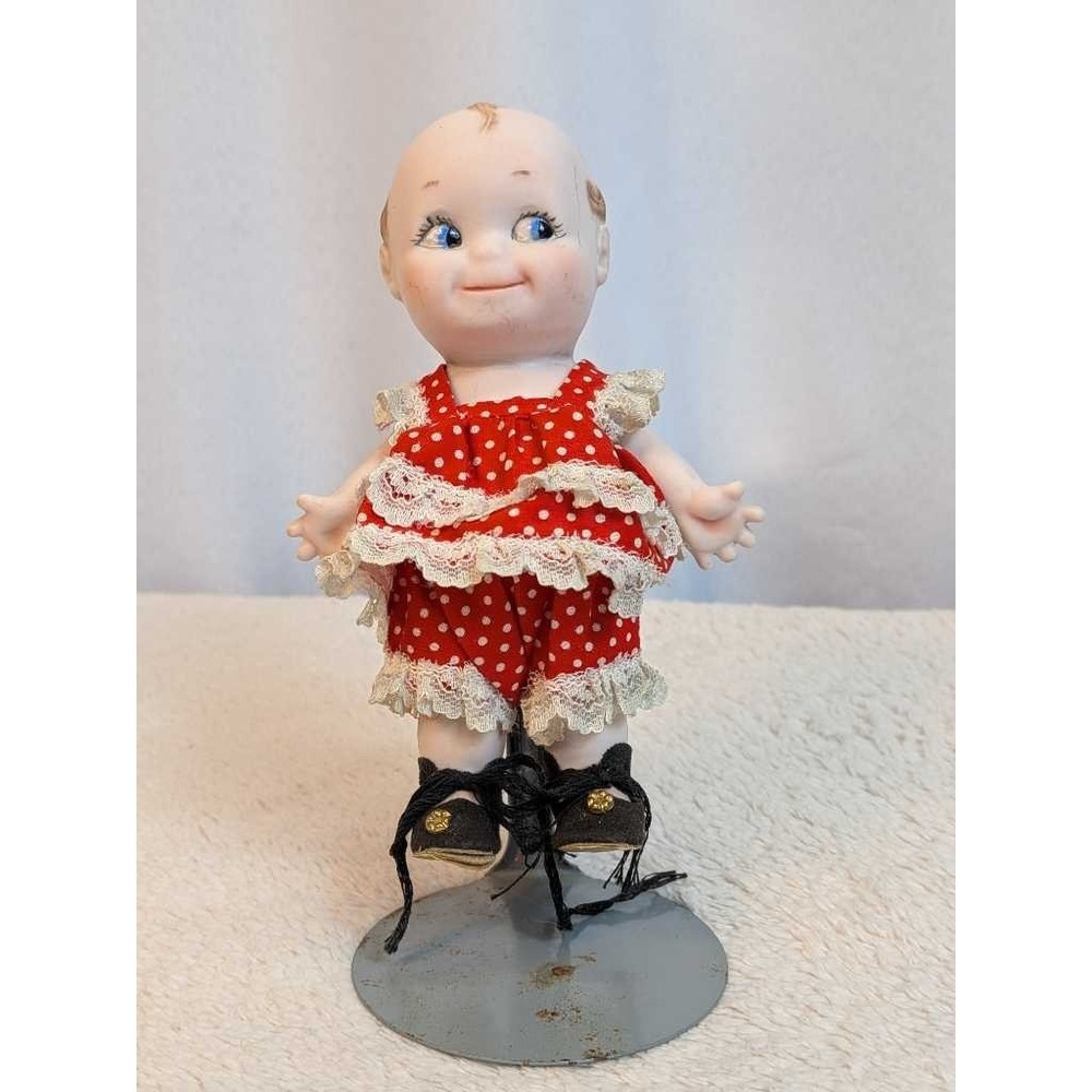 Vintage Kewpie Style Doll Red Polka Dot Outfit Porcelain Face‎ Hand Painted